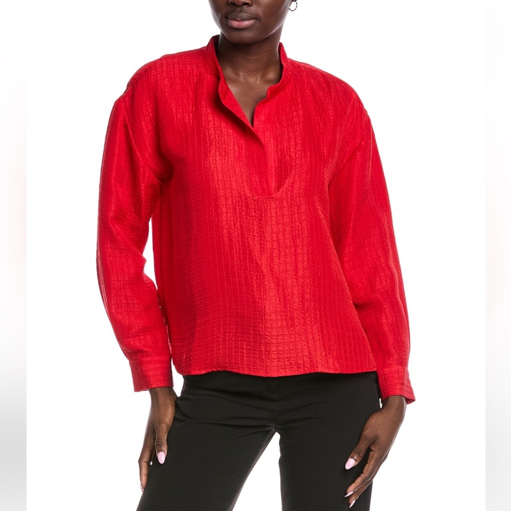 NWT Eileen Fisher Silk Linen Box Band Collar Top